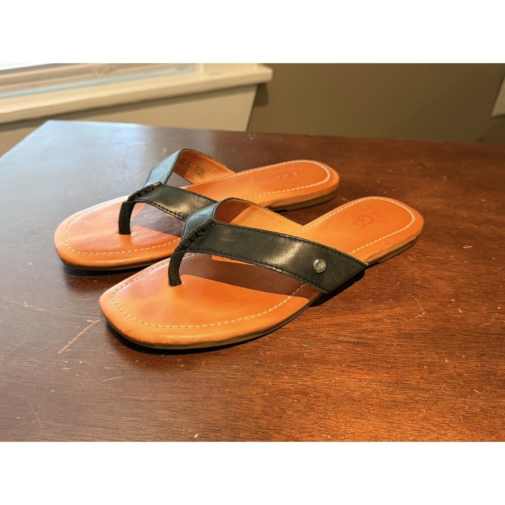 UGG Tuolumne Leather Flip Flop Sandals Black Tan Size 7 1112870
